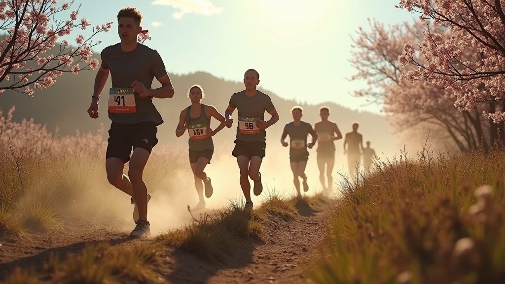 Endurance athletes competing in challenging spring obstacle race with scenic backdrop
