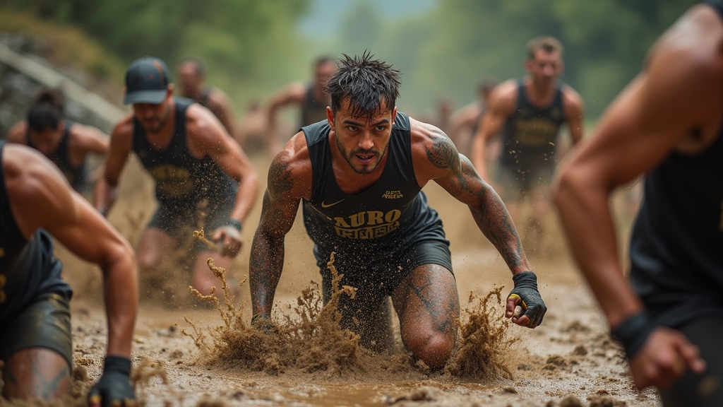 Obstacle course racers navigating challenging terrain during spring competition