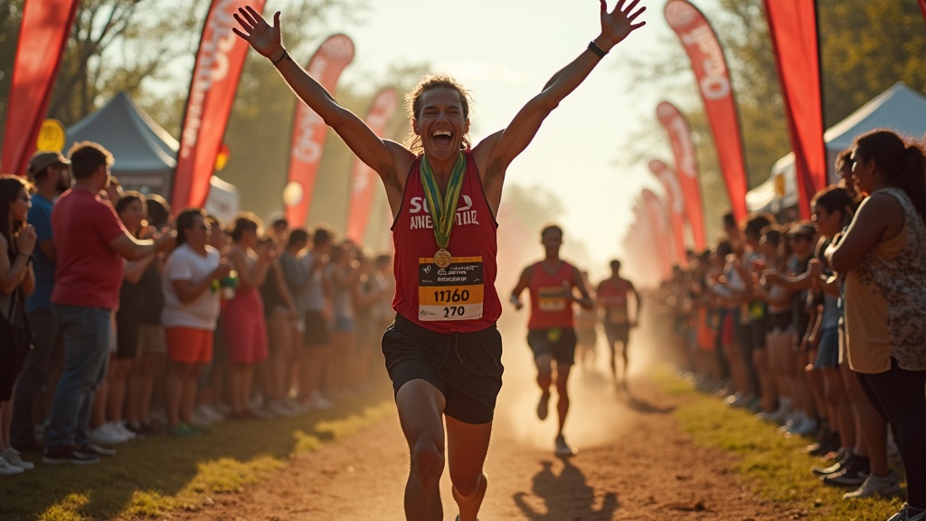 Endurance athletes celebrating at finish line of spring obstacle race