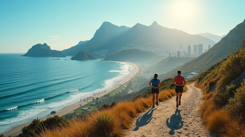 Collage of endurance race locations showing coastal triathlon, mountain trail running, and urban marathon environments