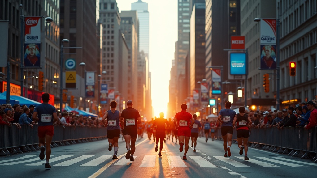 Marathon runners racing through urban city streets with spectators and skyline backdrop