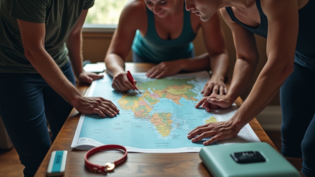Endurance athlete planning race calendar with maps, race bibs, and travel materials