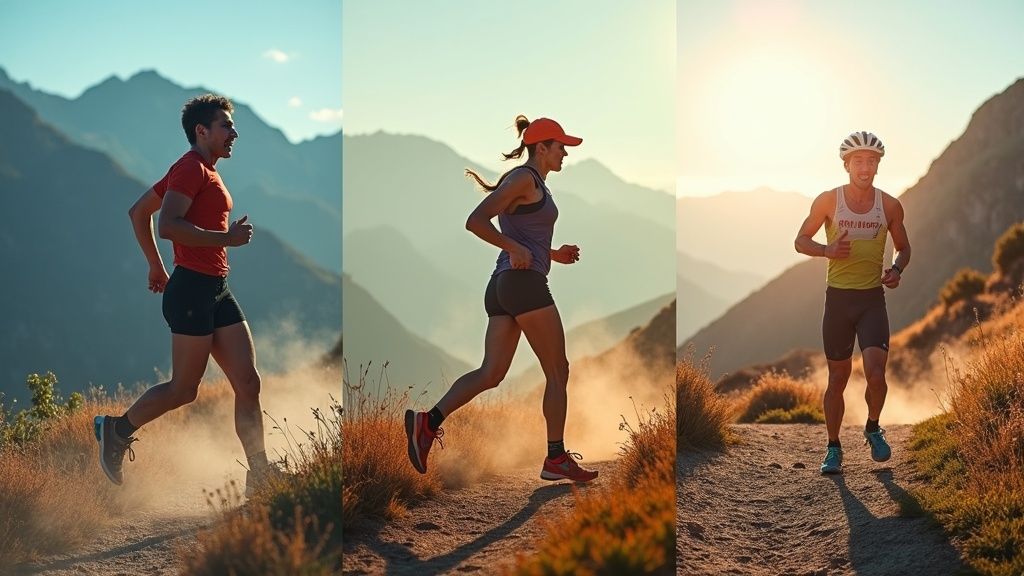 Athletes competing in trail running, road racing, and triathlon showing the diversity of endurance sports