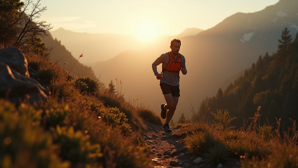 Trail runner navigating technical mountain terrain with hydration vest and rugged landscape