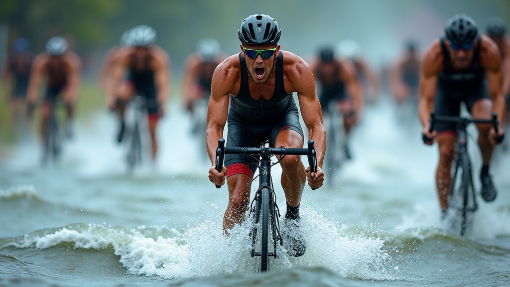 Triathlete racing with bike and gear showing the multi-sport nature of triathlon competition